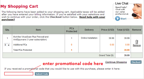 Screenshot: Promotional code input field