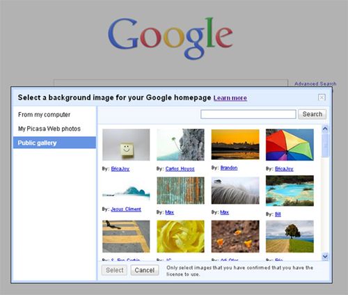 Select background for Google homepage